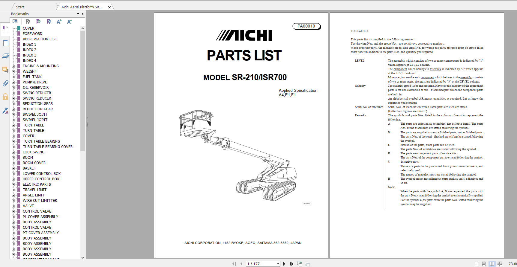Aichi Aerial Platform SR210 ISR700 A4E1F1 PA00010 Part List En 1