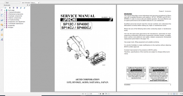 Aichi Aerial Work Platform SP12C 14CJ 400C 460CJ SSJ00003 Rev2 Service Manual En 1