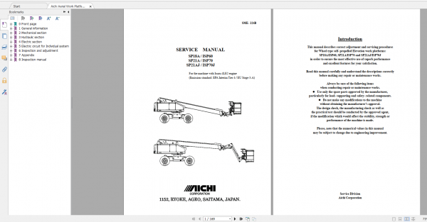 Aichi Aerial Work Platform SP18A 21A 21AJ SME124B rev1 730000 and after Service Manual En 1
