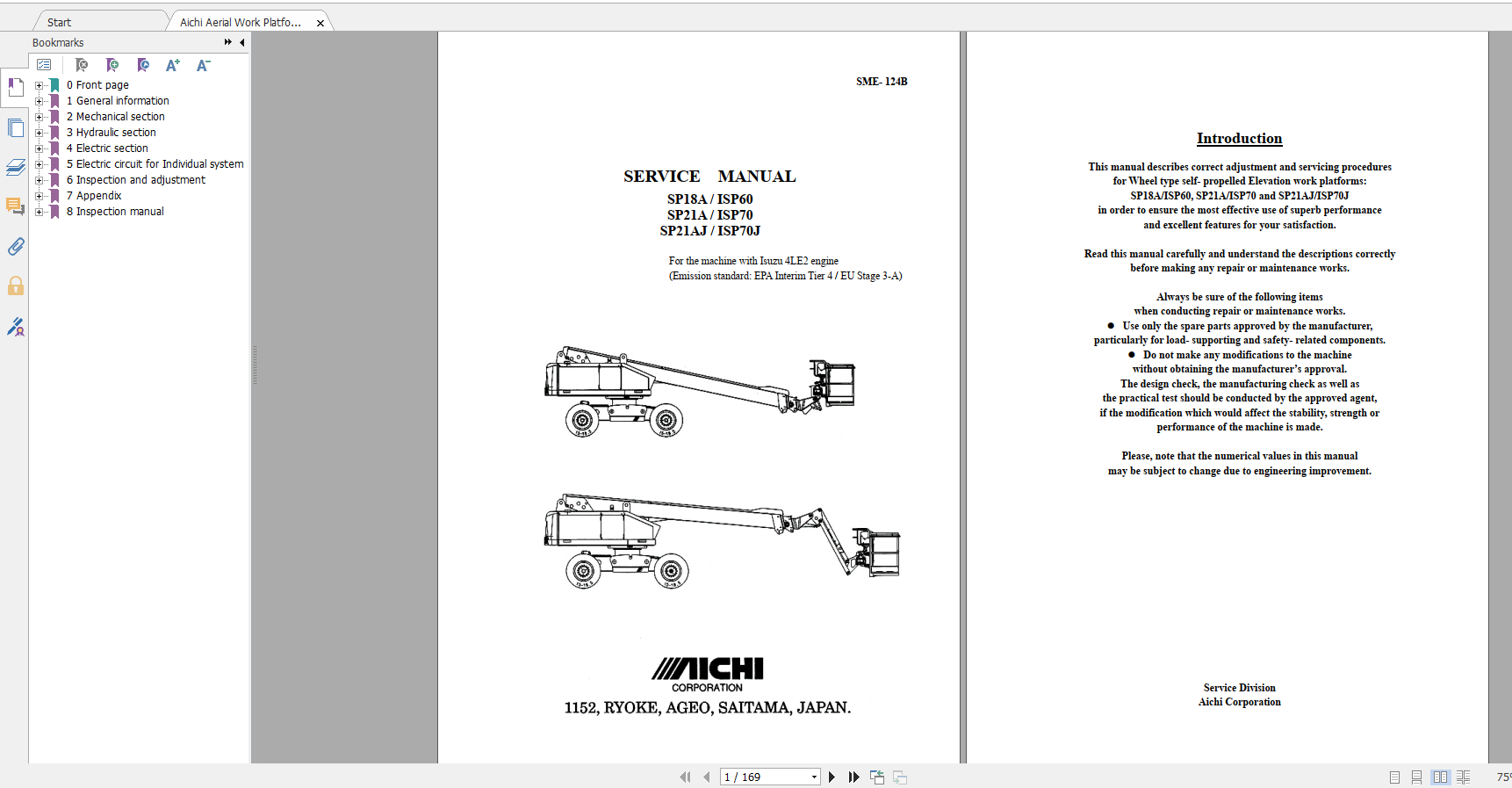 Aichi Aerial Work Platform SP18A 21A 21AJ SME124B rev1 730000 and after Service Manual En 1