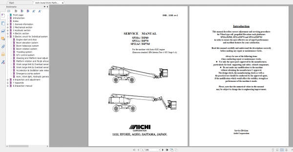 Aichi Aerial Work Platform SP18A 21A 21AJ SME124B 719281 and after Service Manual En 1
