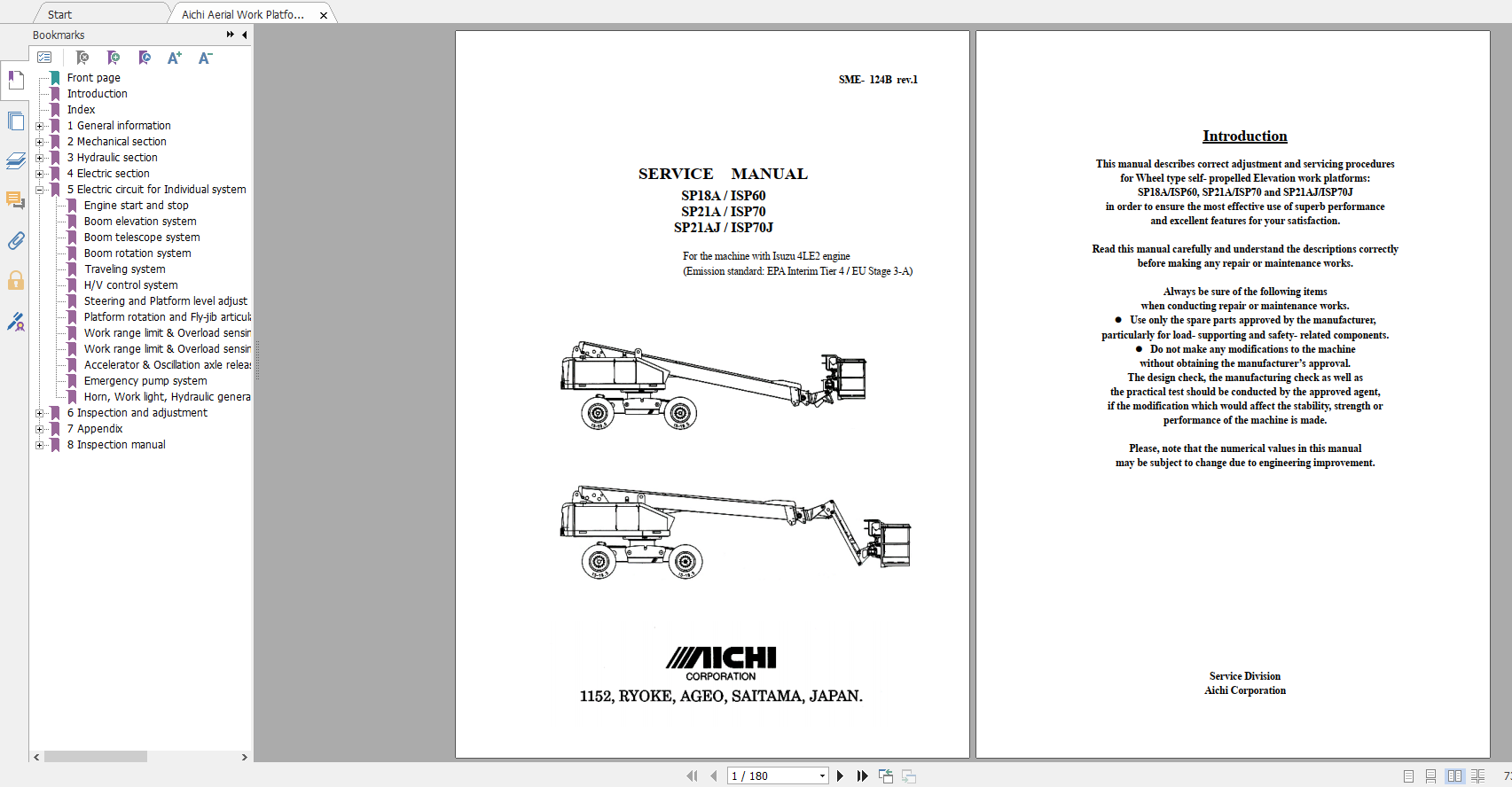 Aichi Aerial Work Platform SP18A 21A 21AJ SME124B 719281 and after Service Manual En 1
