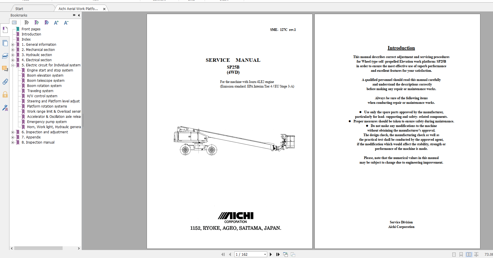 Aichi Aerial Work Platform SP25B SME127C rev1 730000 and after Service Manual En 1