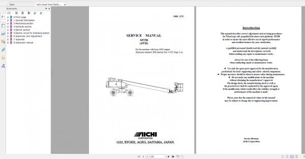 Aichi Aerial Work Platform SP25B SME127C 719281 and after Service Manual En 1