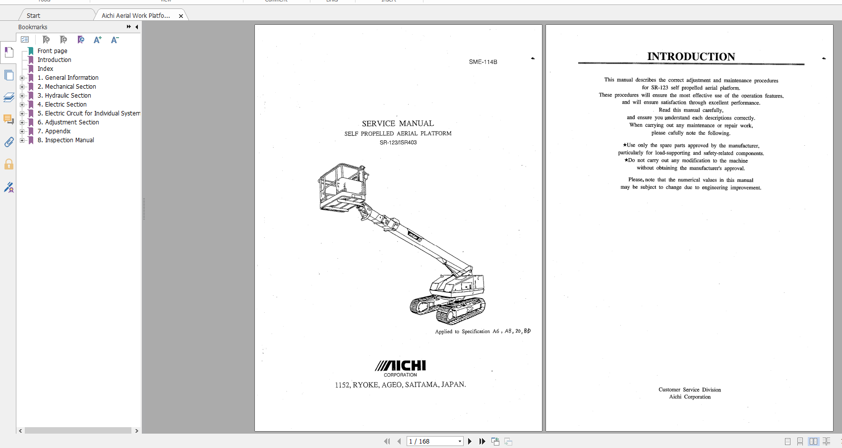 Aichi Aerial Work Platform SR123 SME114B A6A820 scaned Service Manual En 1