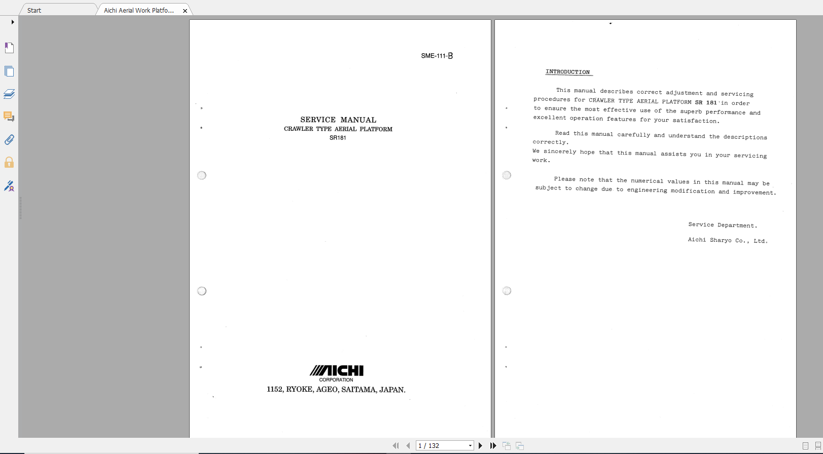 Aichi Aerial Work Platform SR181 SME111B Service Manual En 1