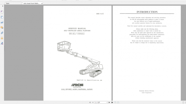 Aichi Aerial Work Platform SR182 ISR602 SME112A AB scaned Service Manual En 1