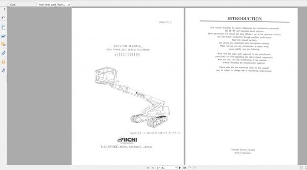 Aichi Aerial Work Platform SR182 ISR602 SME112B A3A4A6 scaned Service Manual En 1