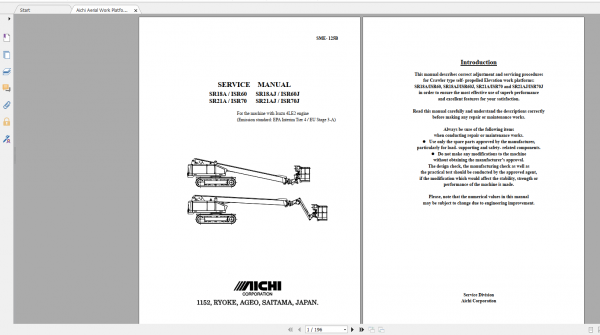 Aichi Aerial Work Platform SR18A 21A SR18AJ 21AJ SME125B 719281 and after Service Manual En 1