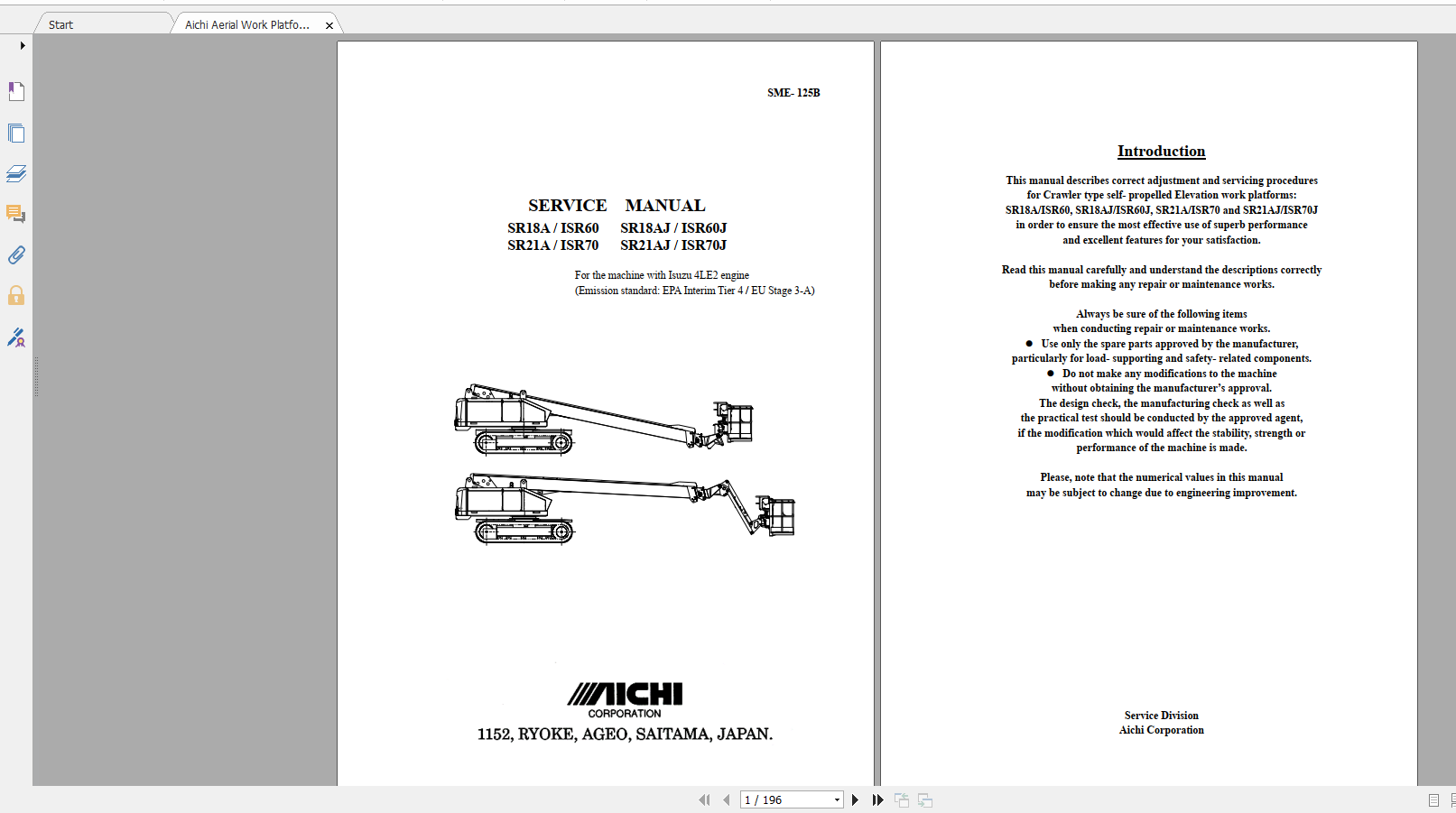Aichi Aerial Work Platform SR18A 21A SR18AJ 21AJ SME125B 719281 and after Service Manual En 1