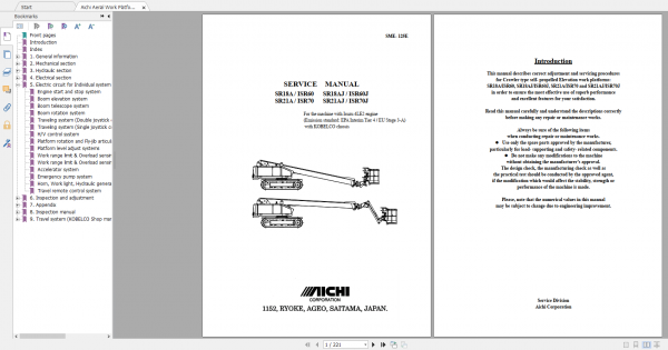 Aichi Aerial Work Platform SR18A 21A SR18AJ 21AJ SME125E 738189 and after  Kobelco Service Manual En 1