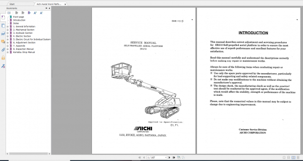Aichi Aerial Work Platform SR210 SME113D E1F1 scaned Service Manual En 1