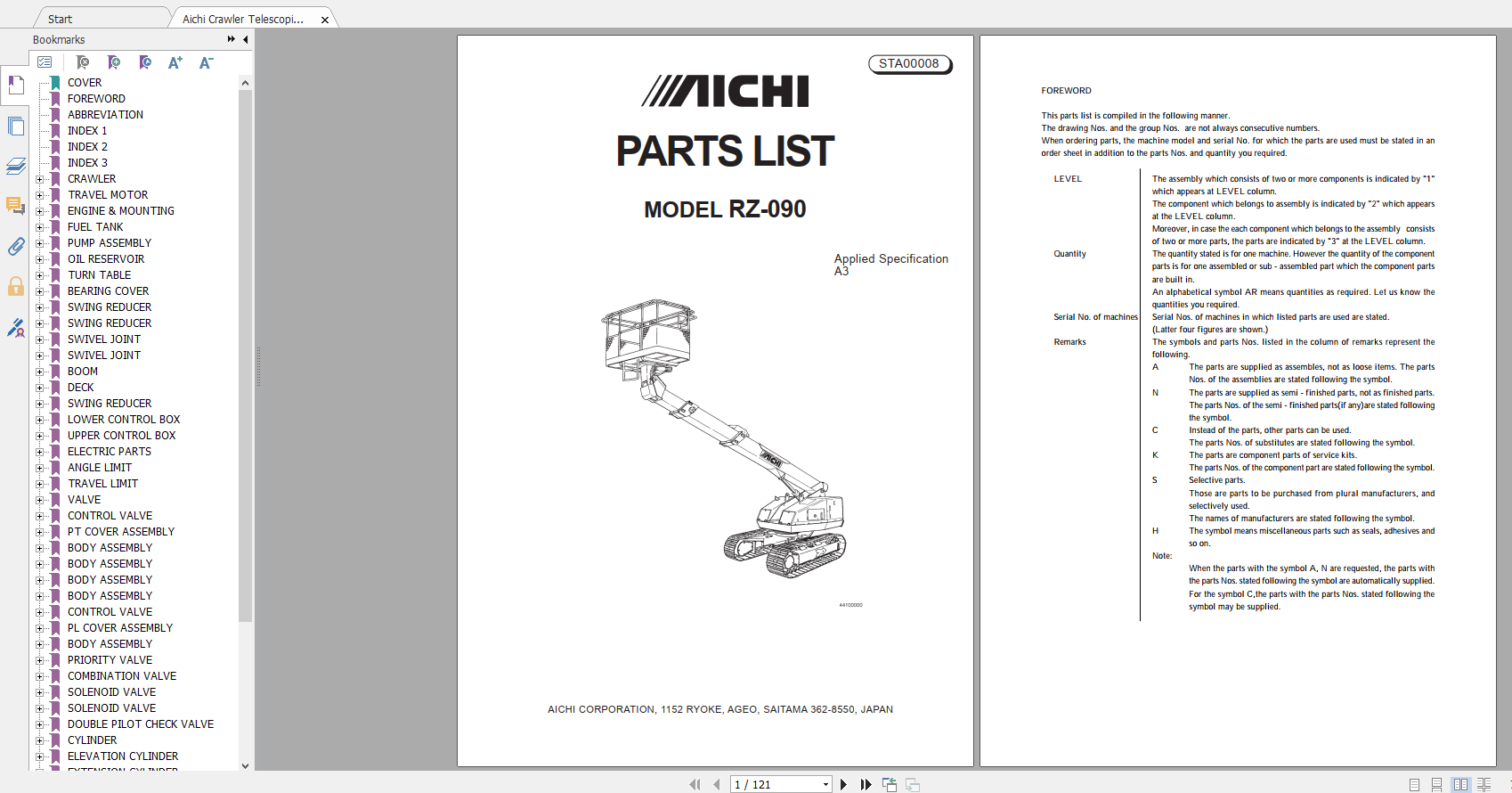 Aichi Crawler Telescopic RZ090 A3 STA00008 Parts List En 1