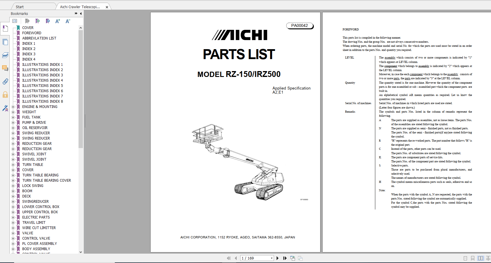 Aichi Crawler Telescopic RZ150 IRZ500 A2E1 PA00042 Part List En 1
