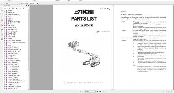 Aichi Crawler Telescopic RZ150 01 STA00049 Part List En 1