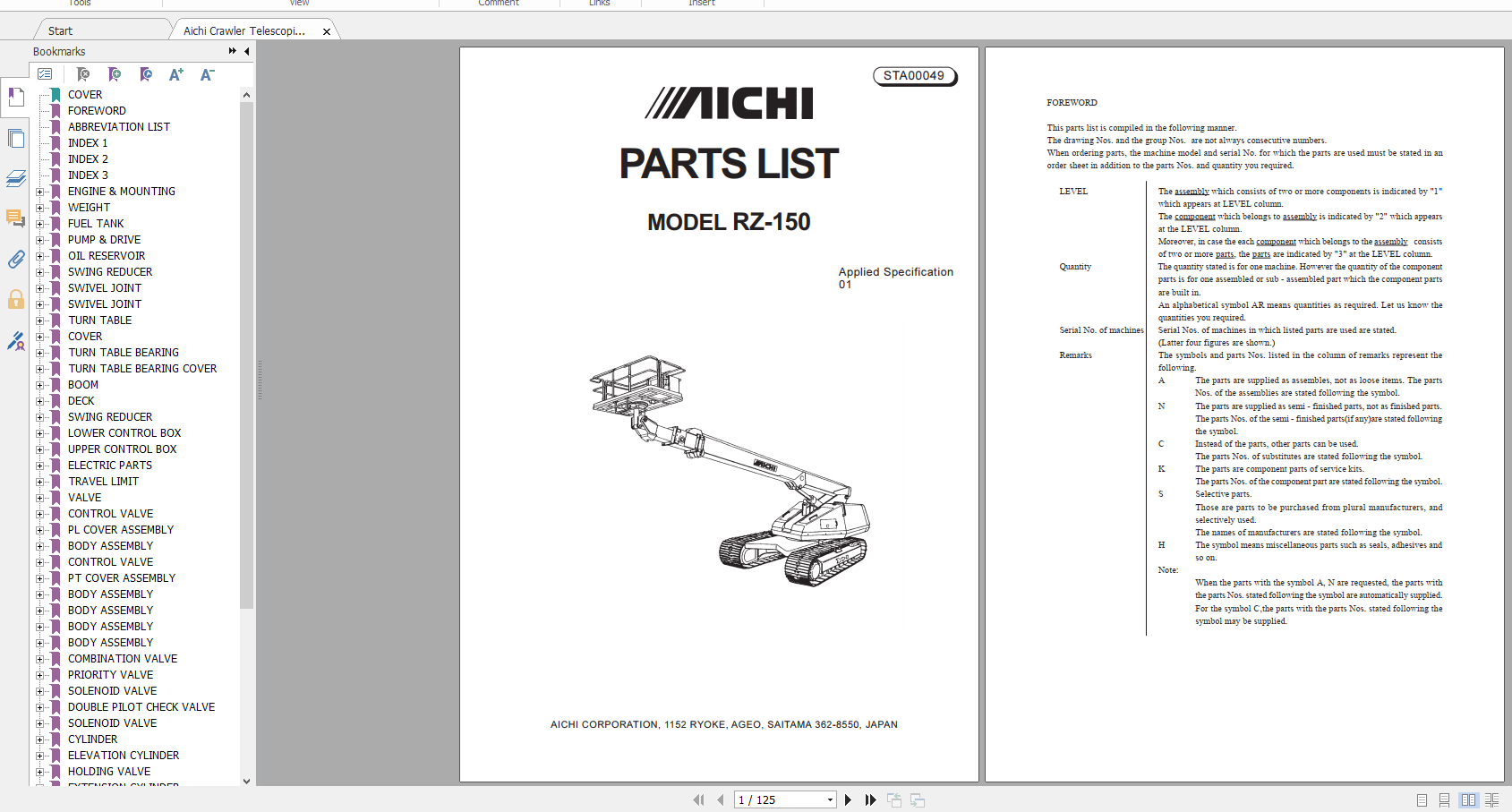 Aichi Crawler Telescopic RZ150 01 STA00049 Part List En 1