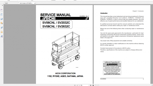 Aichi Scissor Lift Platform SV06CNL SV08CNL SV2032C SV2632C SSJ00002 Rev2 Service Manual En 1