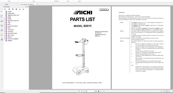 Aichi Scissor Lift SX015 A1A2A3 STA00046 Part List En 1
