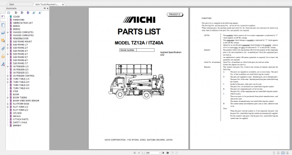 Aichi Truck Mounted telescopic TZ12A ITZ40A AA2 PA00013 Part List En 1