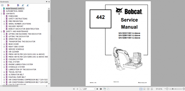 Bobcat Excavator 442 Service Manual 6901801 1