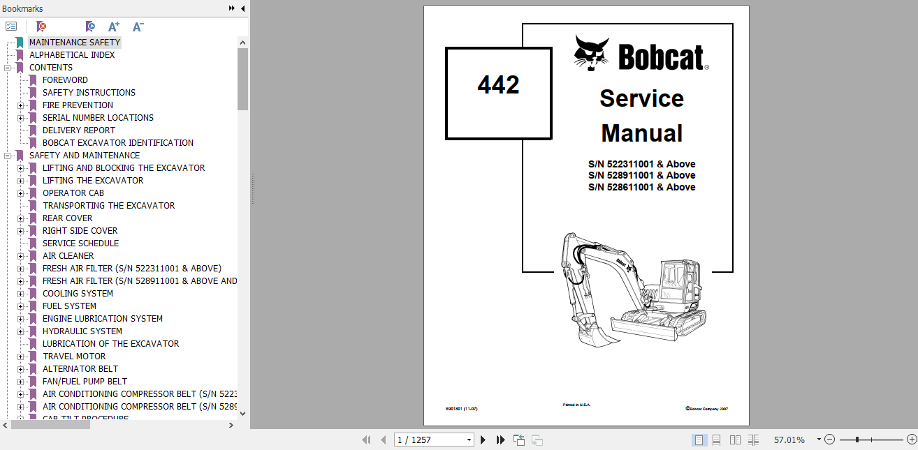 Bobcat Excavator 442 Service Manual 6901801 1