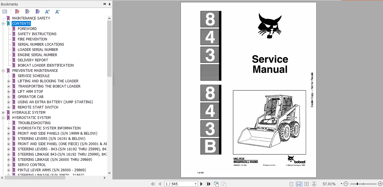 Bobcat Melroe Ingersoll Rand 843 Loader Service Manual 6566091 1