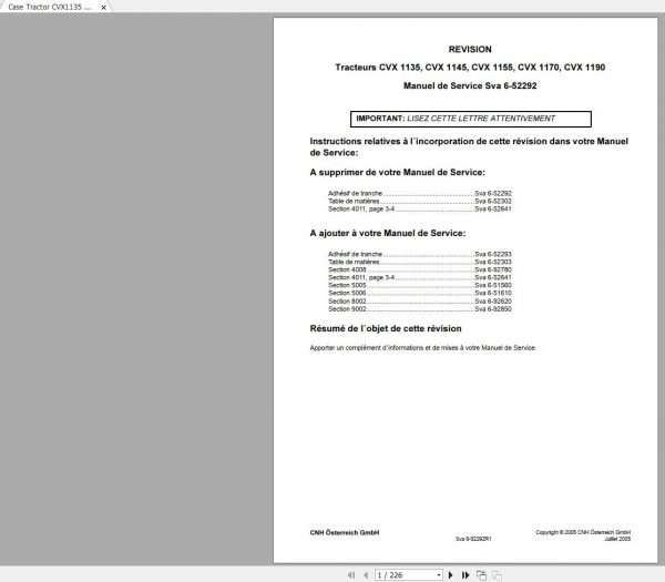 Case Tractor CVX1135 CVX1145 CVX1155 CVX1170 CVX1190 Service Manual FR 1