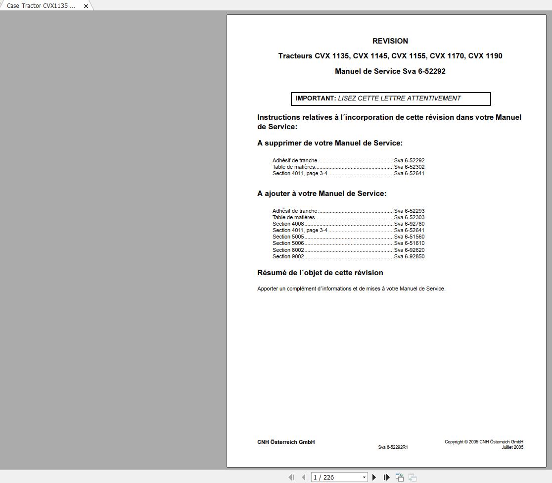 Case Tractor CVX1135 CVX1145 CVX1155 CVX1170 CVX1190 Service Manual FR 1