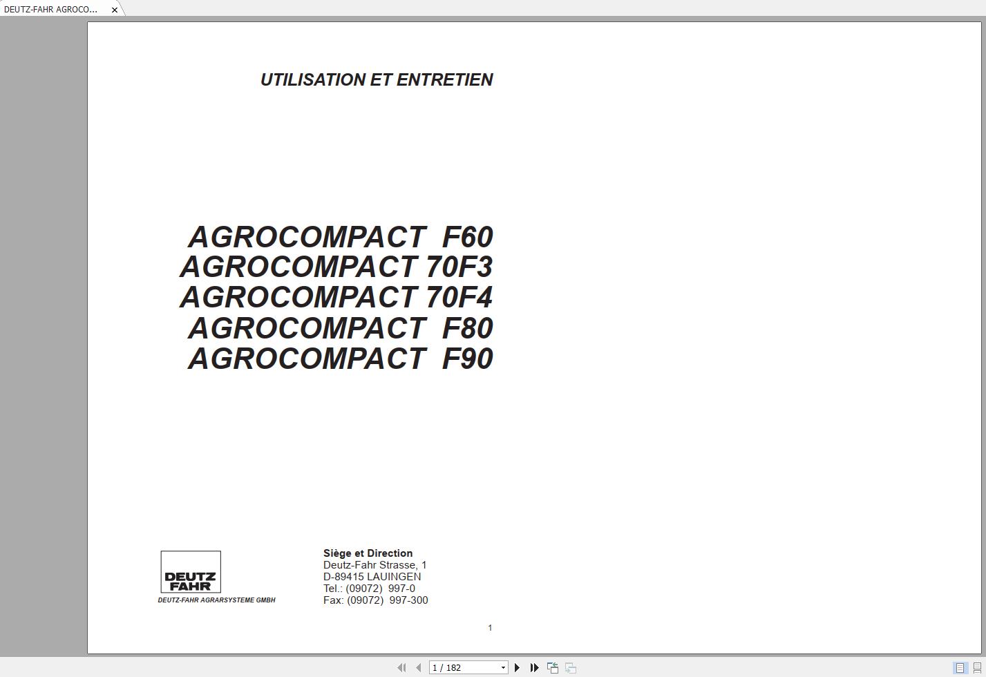 DEUTZ FAHR AGROCOMPACT 60 90 User Maintenance Manual FR 1