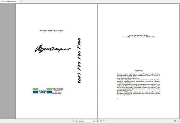 DEUTZ FAHR AGROCOMPACT F70 F75 F90 F100 Operators Manual FR 1