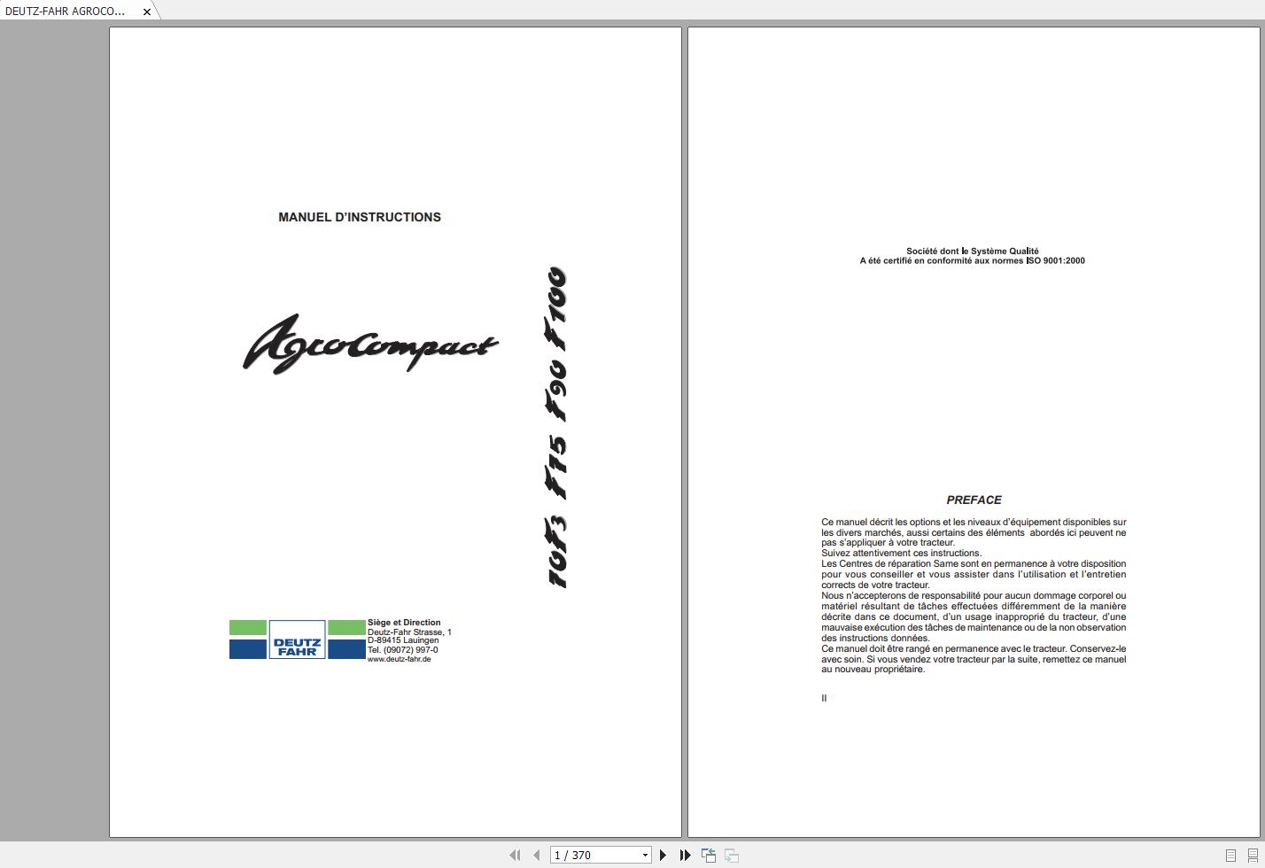 DEUTZ FAHR AGROCOMPACT F70 F75 F90 F100 Operators Manual FR 1