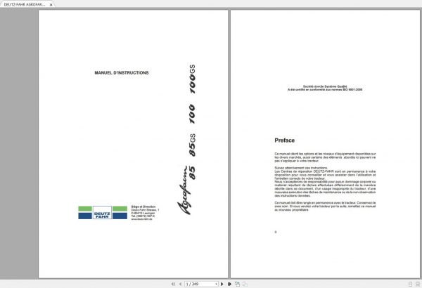 DEUTZ FAHR AGROFARM 85 100 Operators Manual FR 1