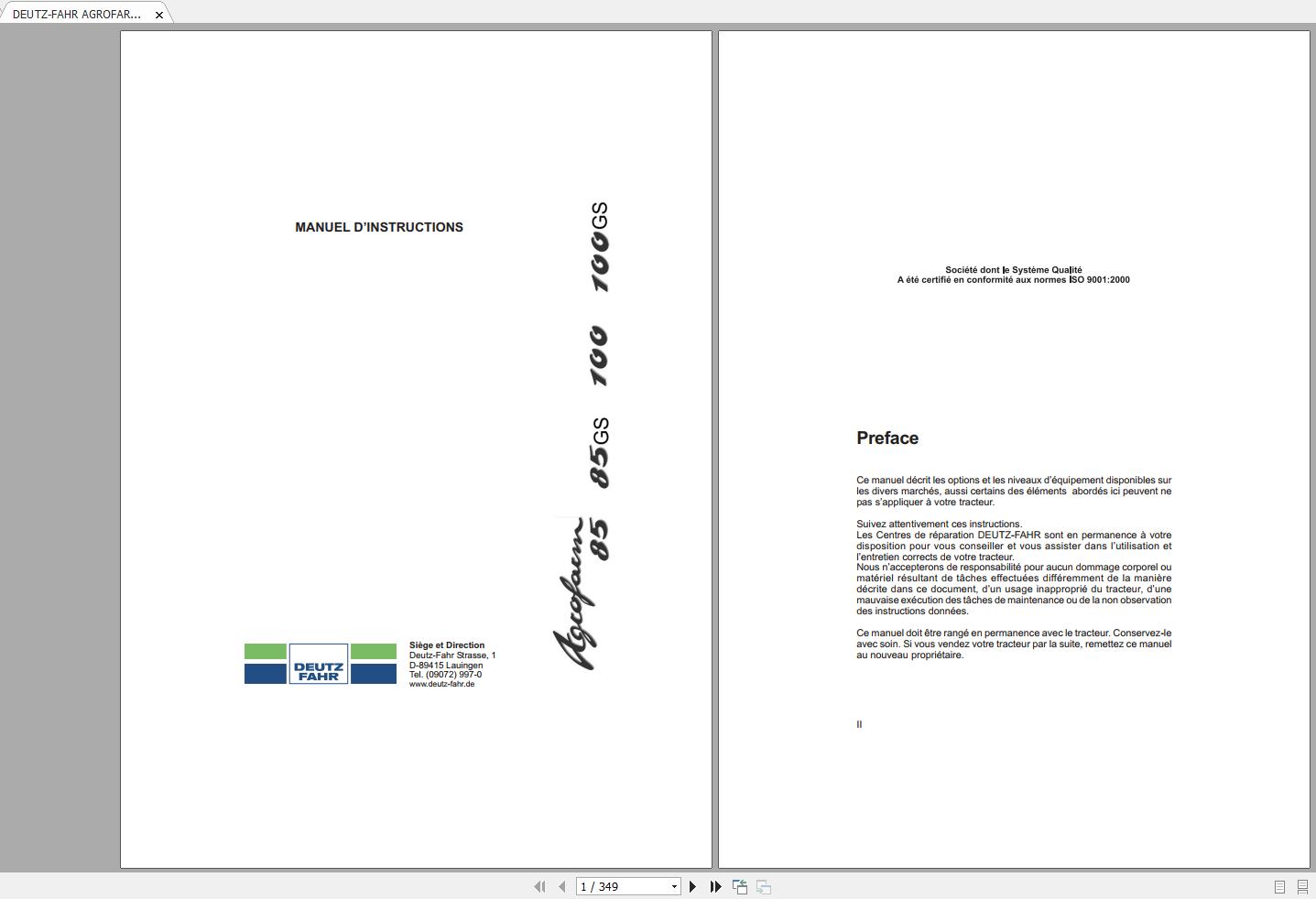 DEUTZ FAHR AGROFARM 85 100 Operators Manual FR 1