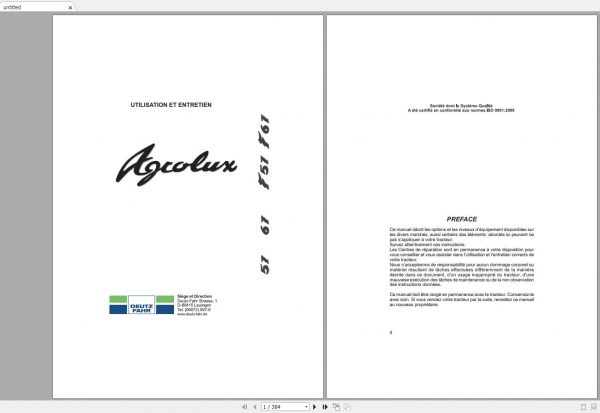 DEUTZ FAHR AGROLUX 57 67 F57 F67 User Maintenance Manual FR 1