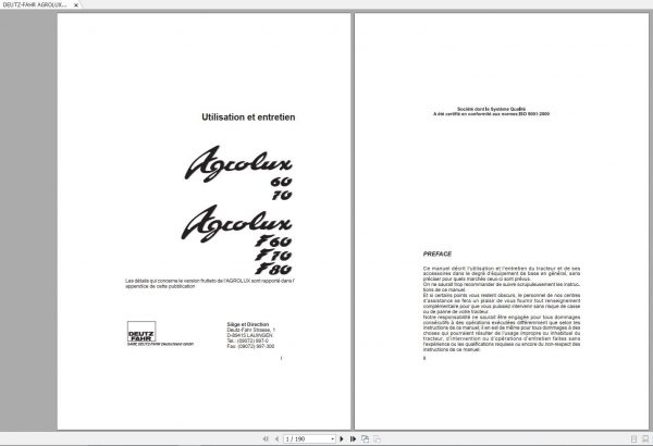 DEUTZ FAHR AGROLUX 60 F60 70 F70 80 F80 User Maintenance Manual FR 1