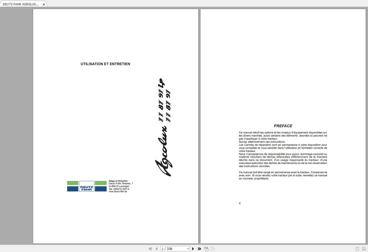 DEUTZ FAHR AGROLUX 77 87 97 LP User Maintenance Manual FR 1