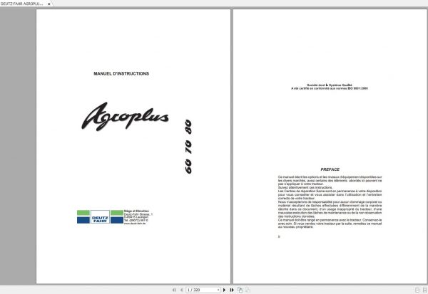 DEUTZ FAHR AGROPLUS 60 70 80 Operators Manual FR 1