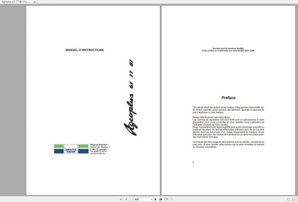 DEUTZ FAHR AGROPLUS 67 77 87 Power Shuttle Operators Manual FR 1