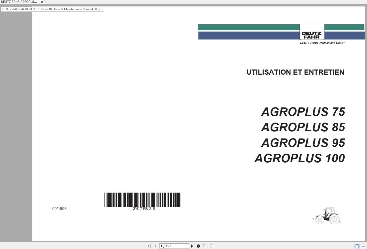 DEUTZ FAHR AGROPLUS 75 85 95 100 User Maintenance Manual FR 1