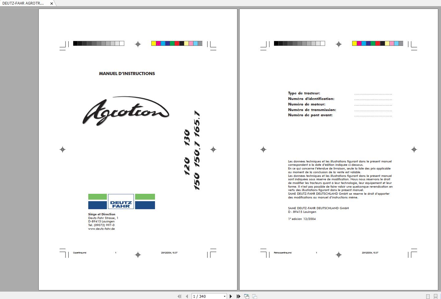 DEUTZ FAHR AGROTRON 120 130 150 150.7 165.7 Operators Manual FR 1