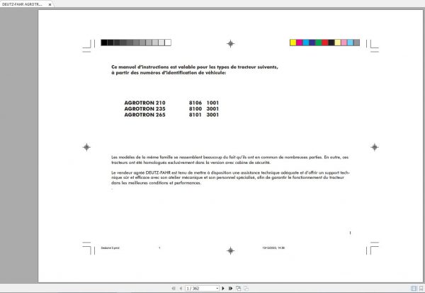 DEUTZ FAHR AGROTRON 210 235 265 Operators Manual FR 1