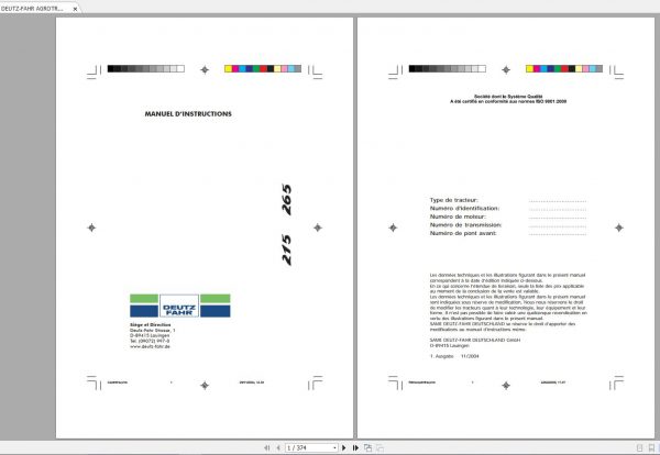 DEUTZ FAHR AGROTRON 215 265 Operators Manual FR 1