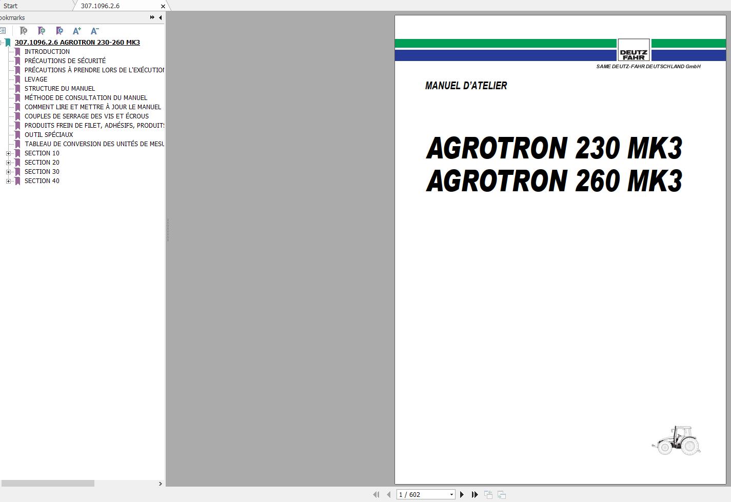 DEUTZ FAHR AGROTRON 230 260 Workshop Manual FR 1
