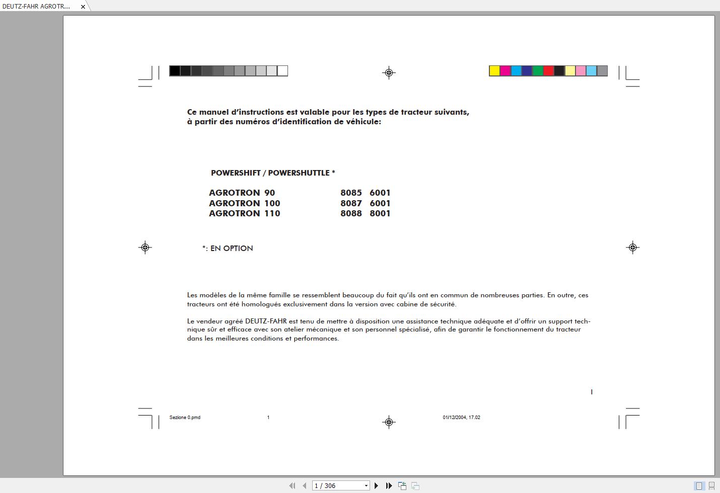 DEUTZ FAHR AGROTRON 90 100 110 Operators Manual FR 1