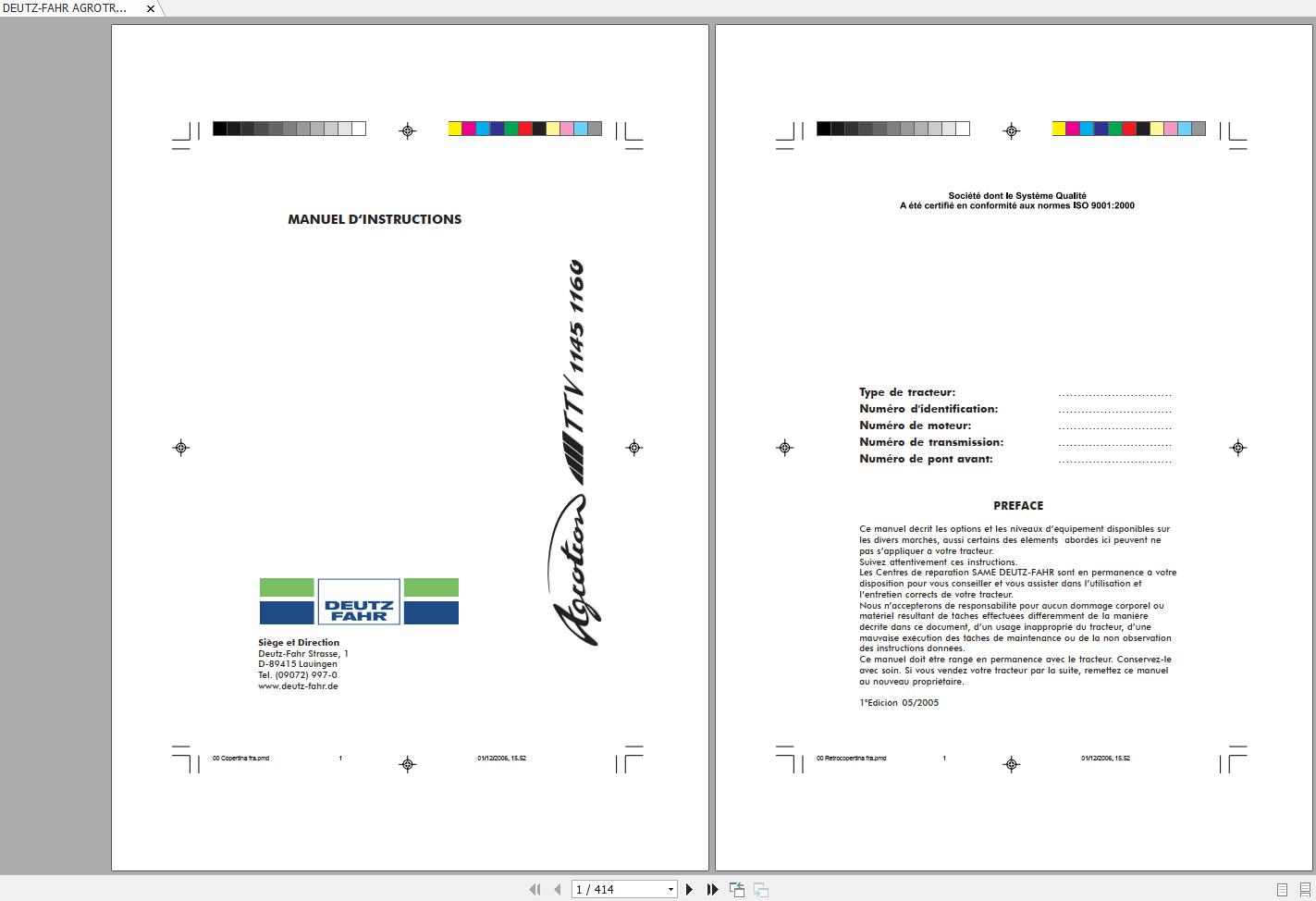 DEUTZ FAHR AGROTRON TTV 1145 1160 Operators Manual FR 1