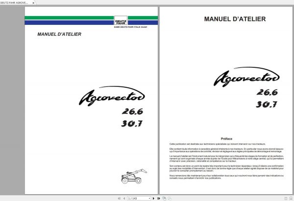 DEUTZ FAHR AGROVECTOR 26.6 30.7 Workshop Manual FR 1