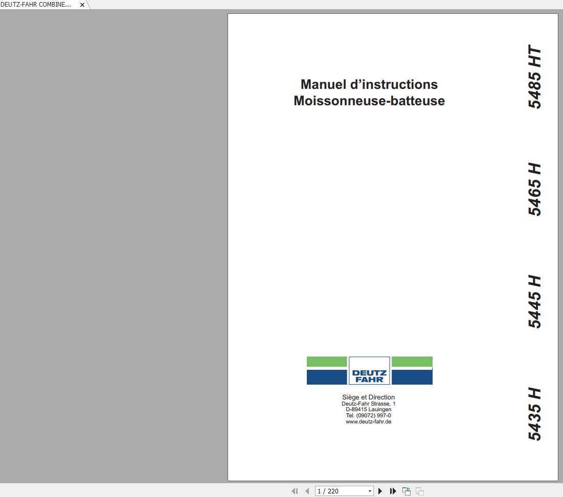 DEUTZ FAHR COMBINE HARVESTER 5435H 5445H 5465H 5485HT Operators Manual FR 1