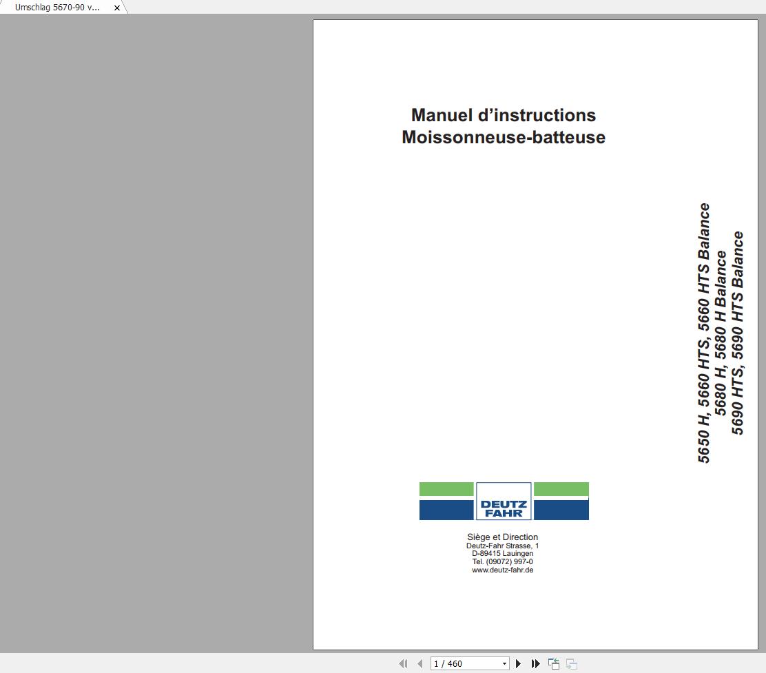 DEUTZ FAHR COMBINE HARVESTER 5650 5660 5680 5690 H HTS Operators Manual FR 1