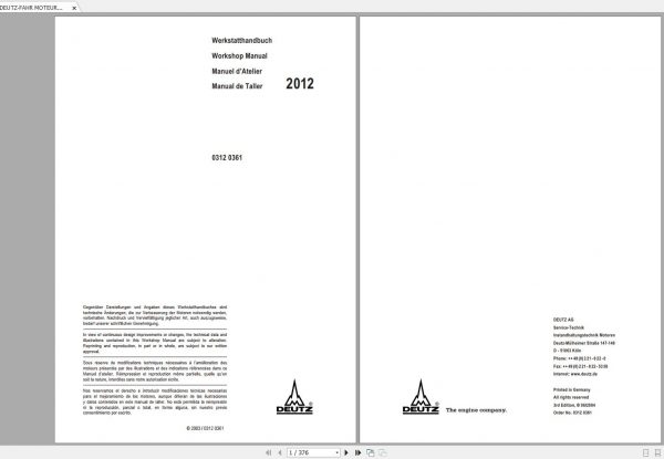 DEUTZ FAHR MOTEURS DIESEL BFM 2012 Workshop Manual FR 1
