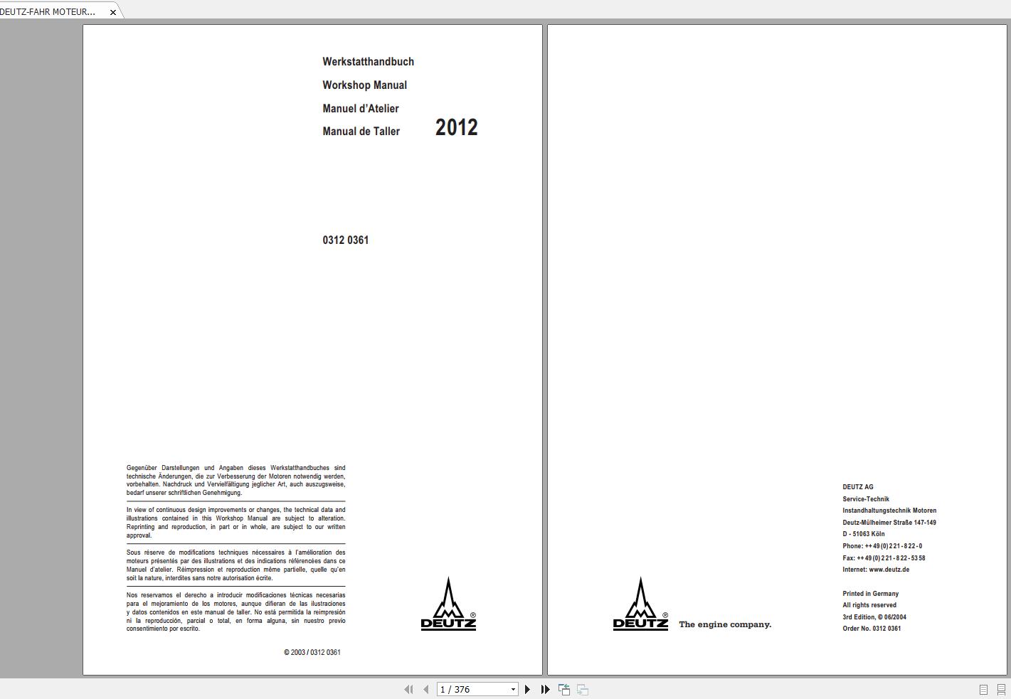 DEUTZ FAHR MOTEURS DIESEL BFM 2012 Workshop Manual FR 1